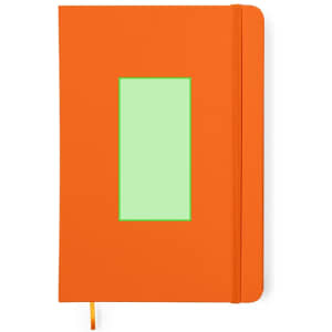 An orange notepad with a green rectangular panel on the cover, featuring a logo at the top.