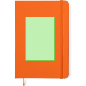 An orange notepad with a green frame on the cover and an elastic band closure. It features a logo.