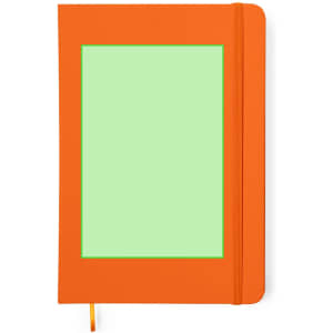 An orange notepad with a green framed area on the front and an elastic closure. Features a ribbon bookmark.