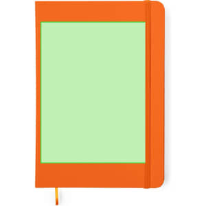 An orange notepad with a green section on the front and an elastic band closure.