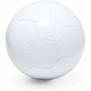 A white soccer ball with hexagon pattern and stitched seams, featuring a logo on the surface.