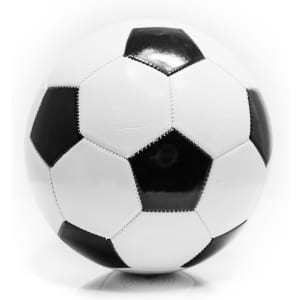 A black and white soccer ball featuring a traditional hexagonal design and a logo.