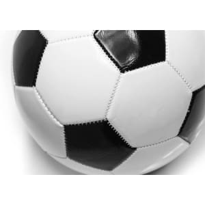 A black and white soccer ball with a classic hexagonal pattern. It features a smooth, shiny surface and has a logo.