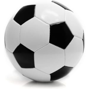 A black and white soccer ball featuring a traditional hexagonal pattern and a logo.