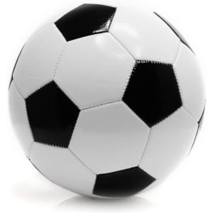 A black and white soccer ball featuring a classic hexagonal design and a logo.