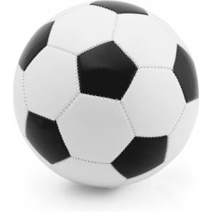 A black and white soccer ball with a classic hexagonal pattern and a visible logo.