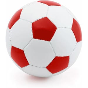 A white soccer ball with red hexagonal panels and a logo, designed for leisure and outdoor sports.