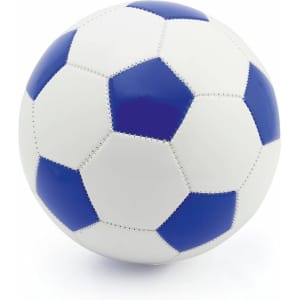A white soccer ball with blue pentagonal panels, featuring a stitched design and a logo.