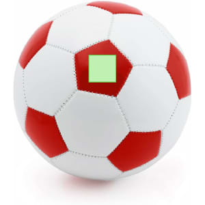 A white soccer ball with red pentagonal patches and a square area. The ball features a logo.