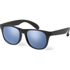 Black sunglasses with blue lenses, featuring a sleek design and a logo on the arm.