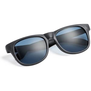 Sunglasses in a sleek black design with dark lenses, featuring a modern style and a logo on the frame.