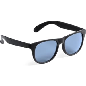 Black sunglasses with blue lenses, featuring a classic design and a logo on the temple.