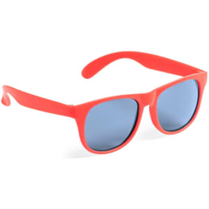 Red sunglasses with blue lenses, featuring a simple design and a logo on the side.