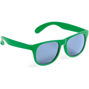 Green sunglasses with blue lenses, featuring a modern design and a logo on the frame.