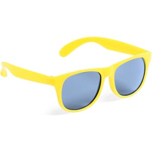 Yellow sunglasses with blue lenses, featuring a logo on the arm. Ideal for leisure and outdoor activities.