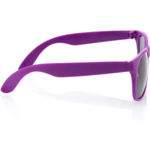 Purple sunglasses with a sleek design and a logo on the frame. Perfect for leisure and outdoor activities.