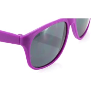 A pair of vibrant pink sunglasses with dark tinted lenses and a sleek design, featuring a logo.