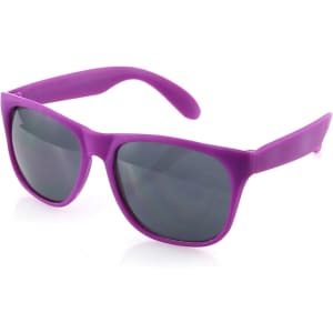 Purple sunglasses with grey lenses and a branded logo on the side, designed for leisure and outdoor activities.