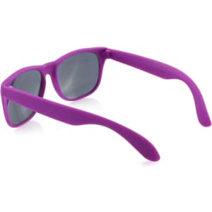 Purple sunglasses with grey lenses and a logo on the side, designed for leisure and outdoor activities.