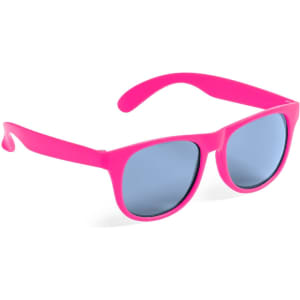 A pair of vibrant pink sunglasses with blue tinted lenses and a logo on the temple.