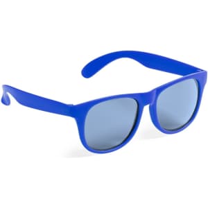 Blue sunglasses with a plastic frame and grey lenses, featuring a logo on the arm.