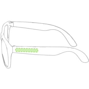 A pair of sunglasses with clear frames and green detailing on the arms, featuring a logo on the side.