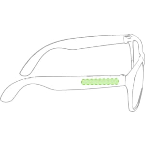 A pair of sunglasses with a green accent on the side, featuring a minimalist design.