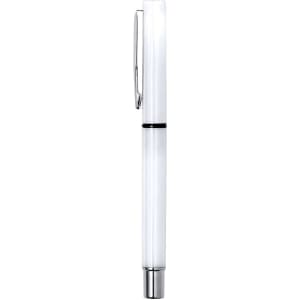 A white pen with a silver clip and trim, featuring a transparent barrel.