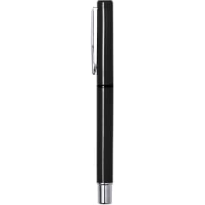 A black pen with a silver clip and a sleek design. The pen has a shiny finish.
