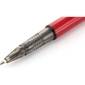 A red pen with a metallic silver tip and a textured grip, featuring a logo.