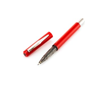 A red pen with a silver clip, featuring a removable cap and a fine tip.
