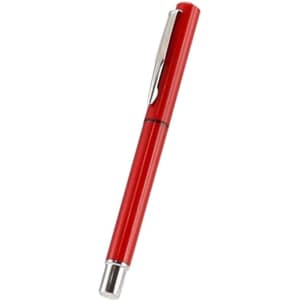 A red pen with a silver clip, featuring a sleek design and a capped tip. It has a branding logo.