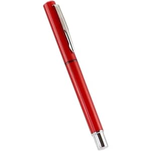 A red pen with a sleek design and a silver clip, featuring a branding logo.