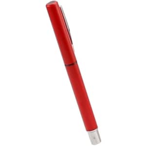 A red pen with a metallic clip and a sleek design, featuring a logo on its body.