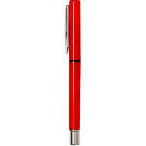 A red pen with a silver clip and a smooth, cylindrical body, featuring a logo on the side.