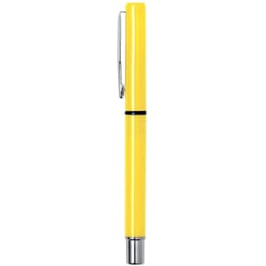 A yellow pen with a silver clip and trim, featuring a sleek, cylindrical design. It has a logo on its body.