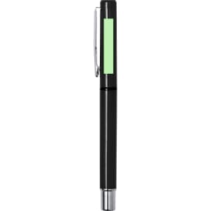 A black pen with a light green accent, featuring a clip and a shiny silver tip. It has a branding logo.