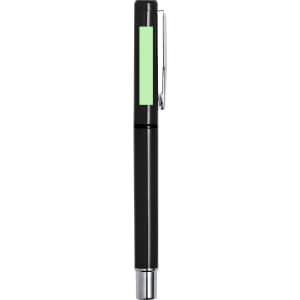A black pen with a green accent and a silver clip. The pen features a branding logo.