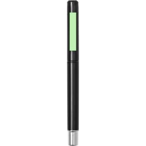 A black pen with a green accent and a silver tip, featuring a logo on the body.
