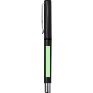 A black roller pen with a green highlight and a silver trim, featuring a clip for easy carrying.