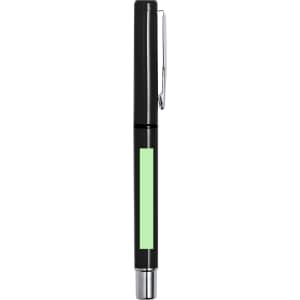 A black pen with a green highlighting section and a metal clip. The pen features a branding logo.