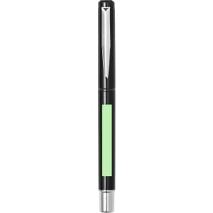 A black pen with a silver clip and a green accent. The pen features a logo on its body.