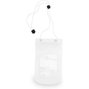 A transparent white multipurpose bag with a drawstring closure and a clear window for visibility.