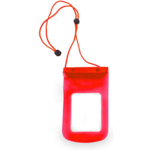 A red multipurpose bag with a transparent window and adjustable drawstrings. It features a logo.