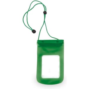 A green multipurpose dry bag with a transparent window and adjustable cord for easy carrying.
