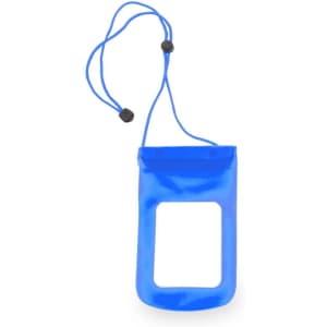 A blue multipurpose dry bag with a toggle closure and a clear opening. It features a branding logo.