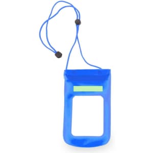 A blue multipurpose bag with a transparent front, featuring a drawstring closure and a logo.