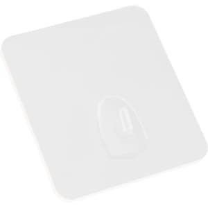 A white square multipurpose hook with a clear adhesive back and a small attachment point. It features a logo.