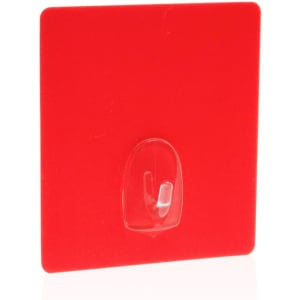 A red multipurpose hook with a transparent adhesive backing for mounting. It features a square shape.