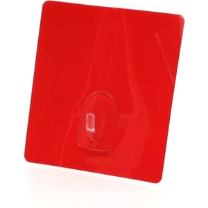 A square red multipurpose hook with a clear adhesive back for mounting surfaces. It has a simple design and a branding logo.